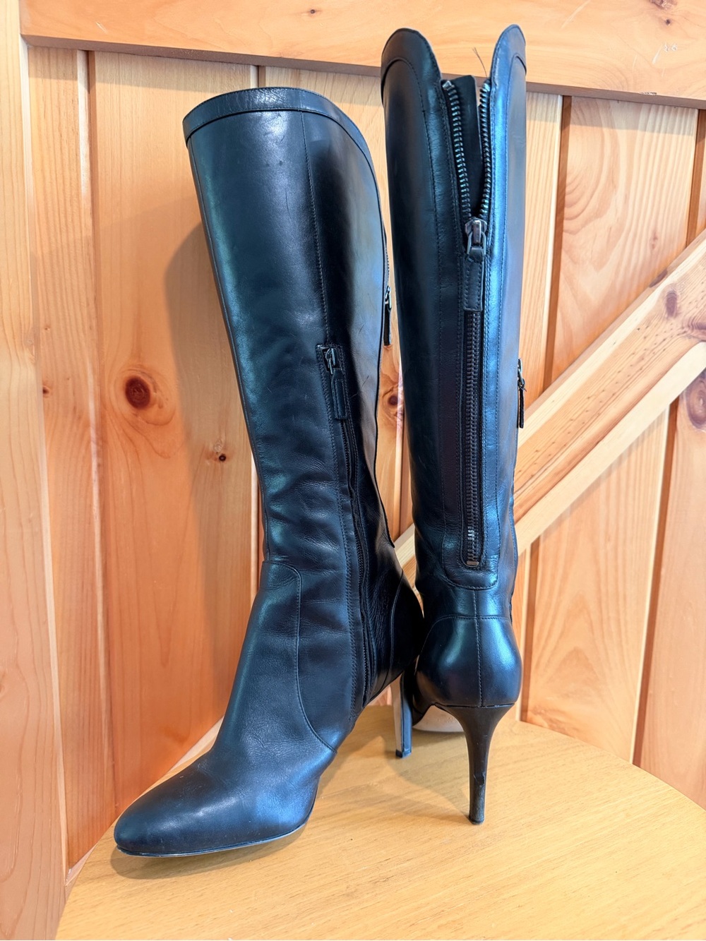 Nine West Black Leather Knee-High Stiletto Boots
